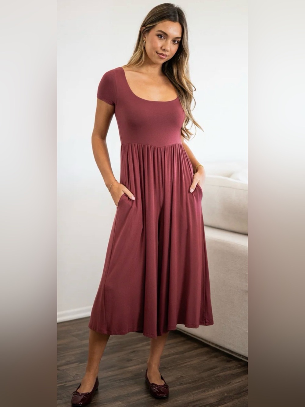 Wide Leg Midi Jumpsuit in Mauve - Scoop Neck